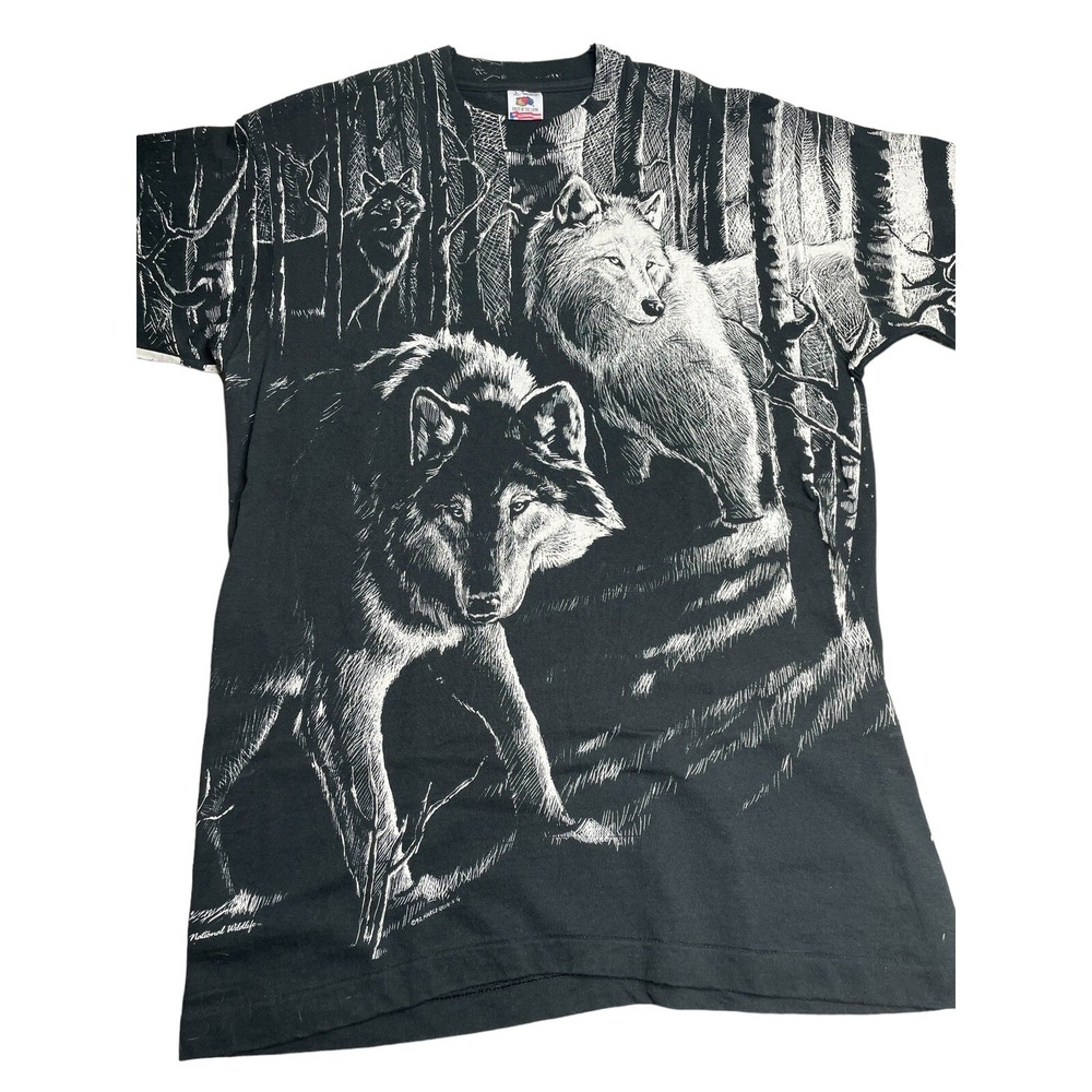 Fruit‎ Of The Loom 90s T Shirt Wolf All Over Print Adult Black White Large